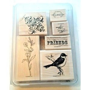 Retired Stampin' Up! "Friends 24-7" Stamp Set Wood Mounted Floral Bird